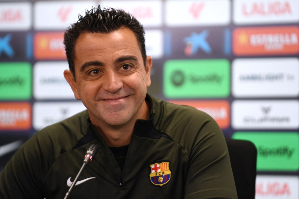 Barcelona Spanish coach Xavi holds a press conference at the Joan Gamper training ground in Sant Joan Despi, near Barcelona, on May 25, 2024. Photo by MANAURE QUINTERO / AFP.