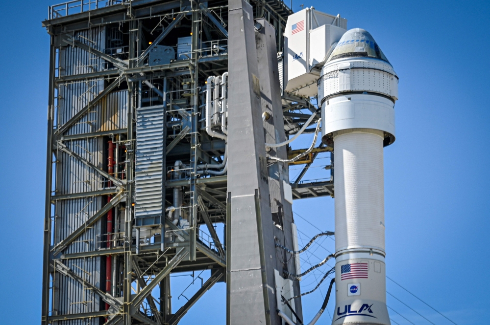 The United Launch Alliance (ULA) Atlas V rocket sits at Space Launch Complex 41 at Cape Canaveral Space Force Station at Kennedy Space Center, Florida, on May 5, 2024. Photo by Miguel J. Rodriguez Carrillo / Miguel J. Rodriguez Carrillo / AFP / AFP.