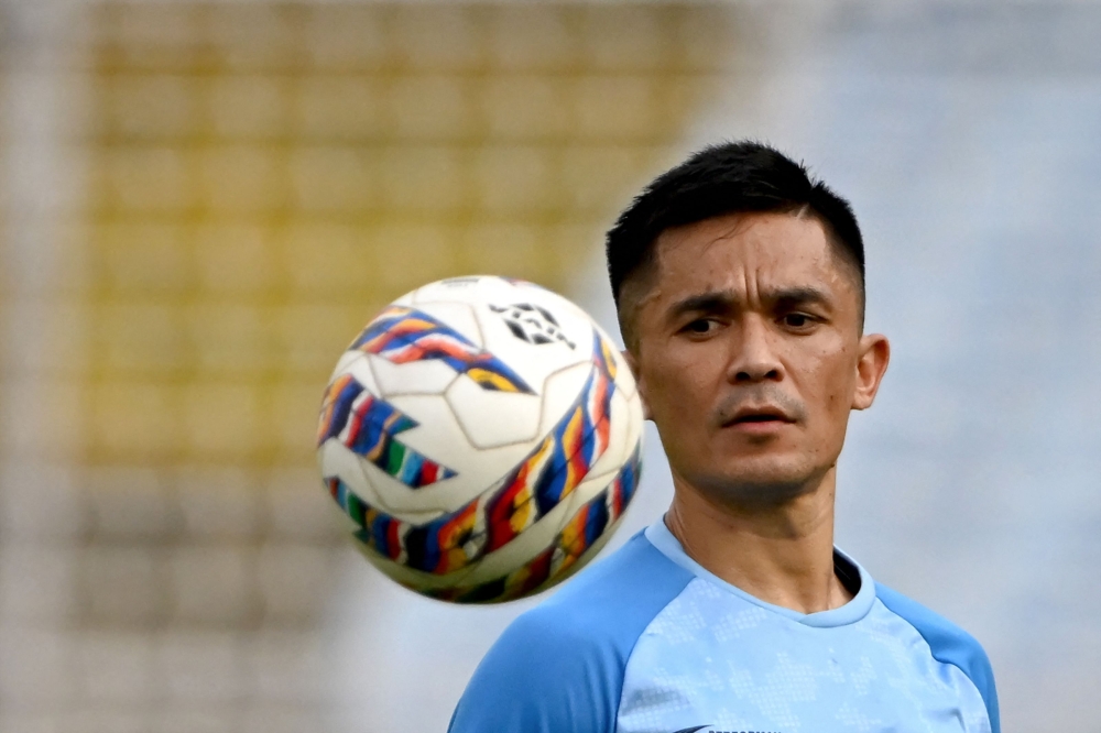India's captain Sunil Chhetri attends a practice session ahead of their preliminary joint qualification round 2 match for the FIFA World Cup 2026 and AFC Asian Cup against Kuwait, in Kolkata on June 3, 2024. Photo by Dibyangshu SARKAR / AFP