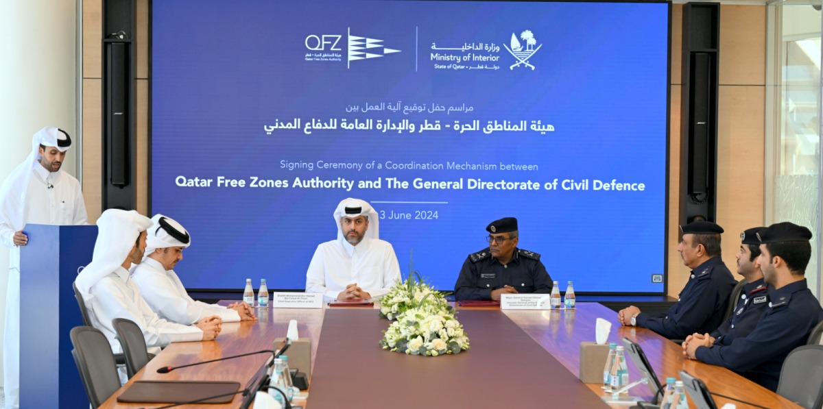 Sheikh Mohammed bin Hamad bin Faisal Al Thani, CEO of QFZ, and Major General Hamad Othman Al Duhaimi, Director General of Civil Defense during the signing ceremony.