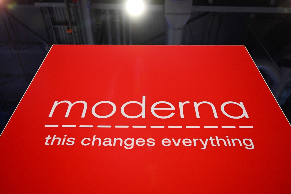 The Moderna, Inc. logo is displayed during the Consumer Electronics Show (CES) in Las Vegas, Nevada, on January 5, 2023. Photo by Patrick T. Fallon / AFP