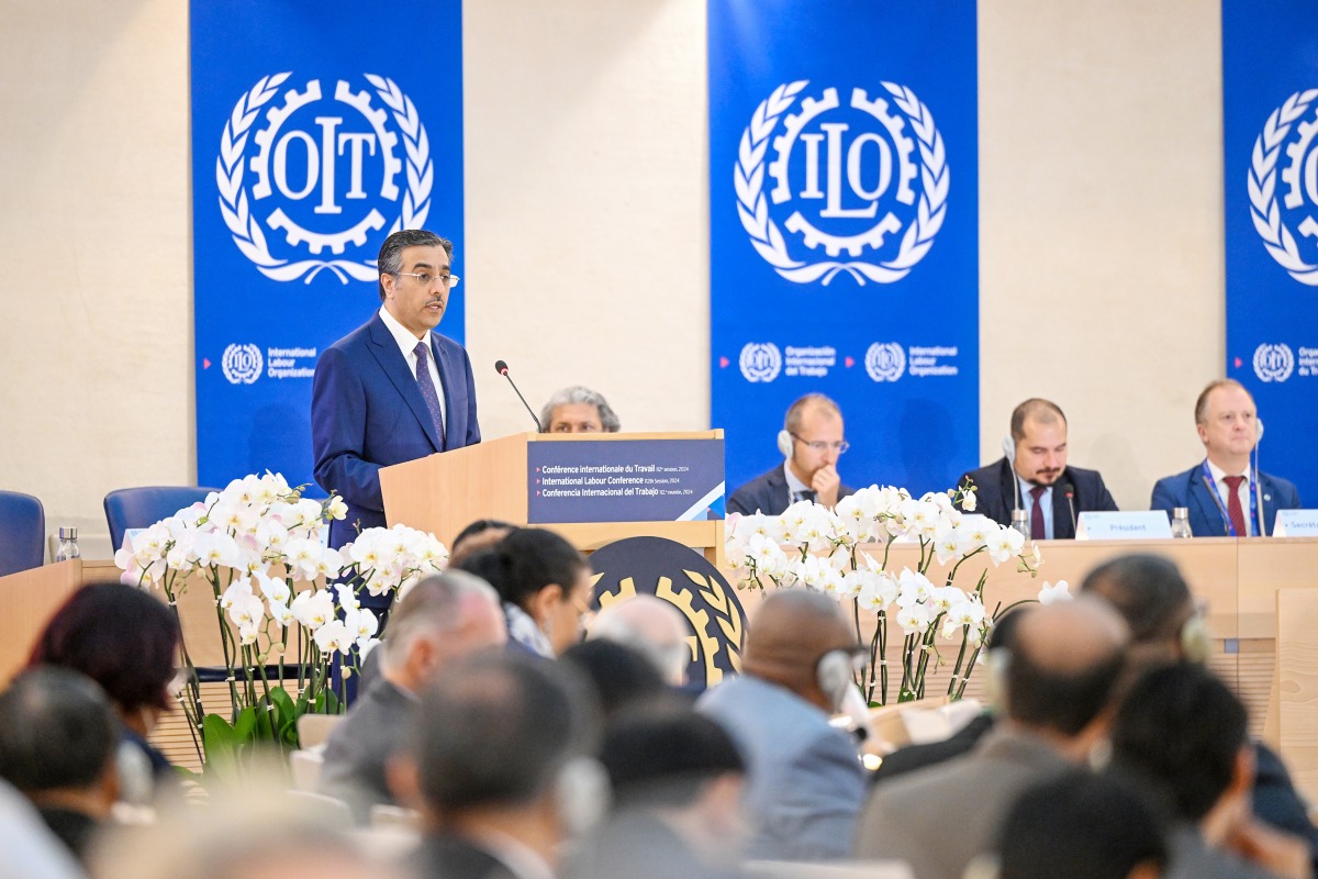 Minister of Labour H E Dr. Ali bin Samaikh Al Marri addressing International Labour Conference in Geneva.