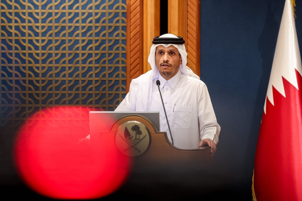 Prime Minister and Minister of Foreign Affairs HE Sheikh Mohammed bin Abdulrahman bin Jassim Al Thani gives a joint press conference with the visiting US Secretary of State in Doha on June 12, 2024. (Photo by Karim JAAFAR / AFP)