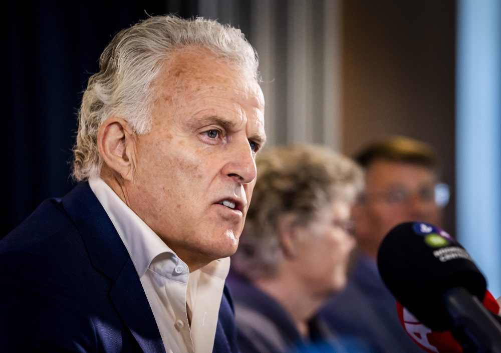 This photograph taken on June 23, 2021, shows Dutch crime reporter Peter R. de Vries as he addresses a press conference in Naarden. Photo by Remko de Waal / ANP / AFP