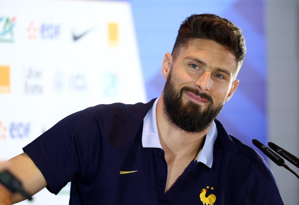 France's forward #09 Olivier Giroud attends a press conference at the Home Deluxe Arena Stadium in Paderborn, western Germany, on June 14, 2024, ahead of the UEFA Euro 2024 football Championship. (Photo by FRANCK FIFE / AFP)