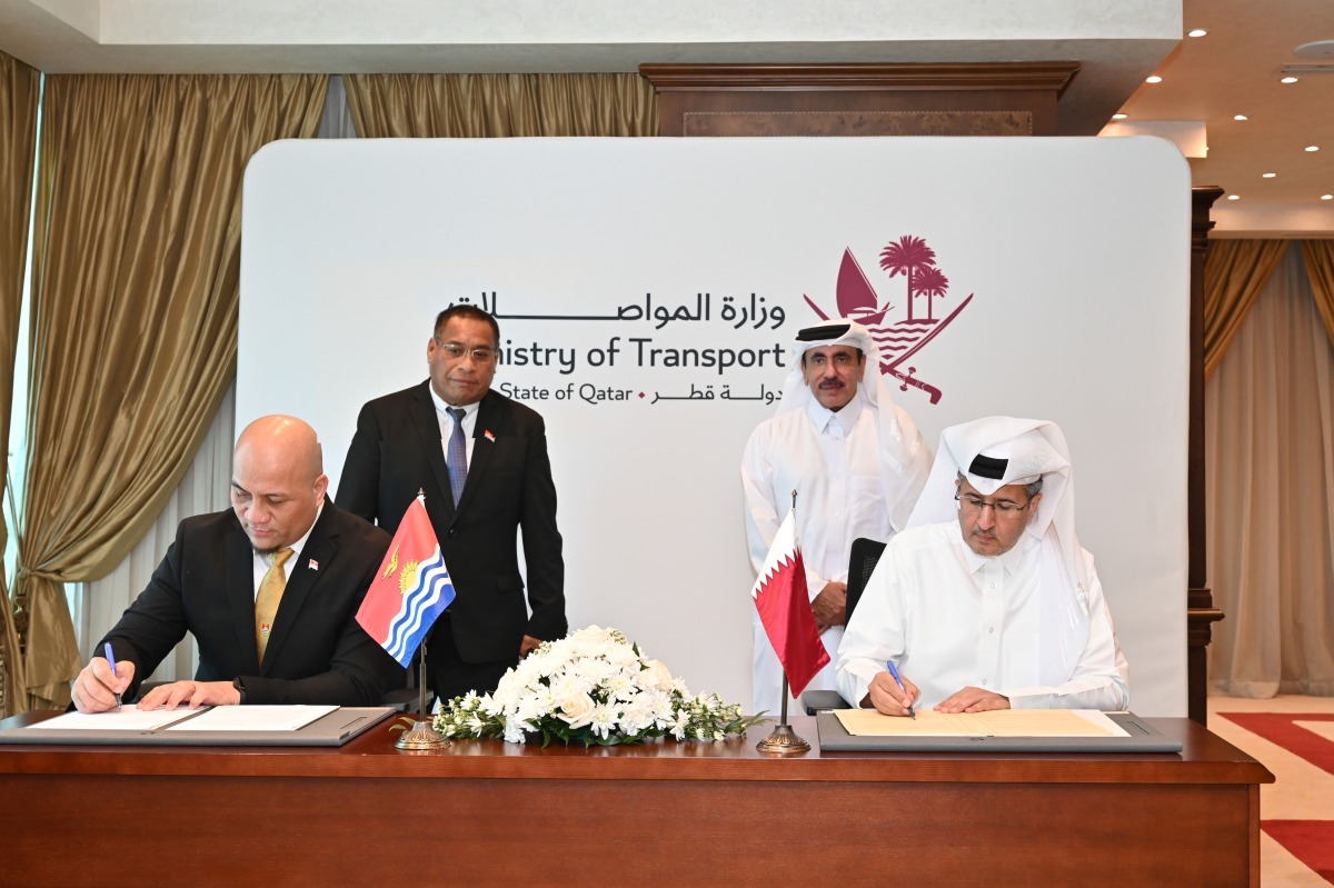 Minister of Transport H E Jassim Saif Ahmed Al Sulaiti and Minister of Information, Communication, and Transport of Kiribati H E Tekeeua Tarati witnessing the agreement signing in Doha, yesterday.