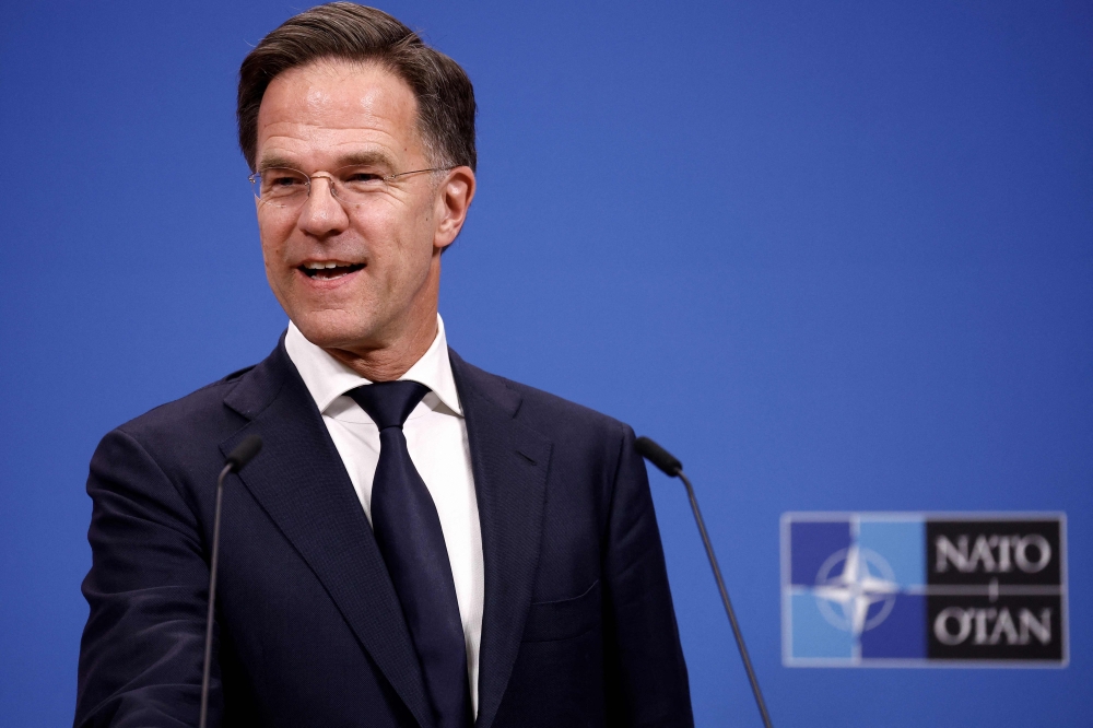(Files) Netherlands' Prime Minister Mark Rutte reacts during a press conference at the NATO headquarters in Brussels, on April 17, 2024. (Photo by Kenzo Tribouillard / AFP)
 