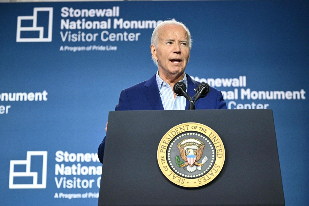 US President Joe Biden speaks at the Stonewall National Monument Visitor Center grand opening ceremony in New York on June 28, 2024. (Photo by Mandel Ngan / AFP)