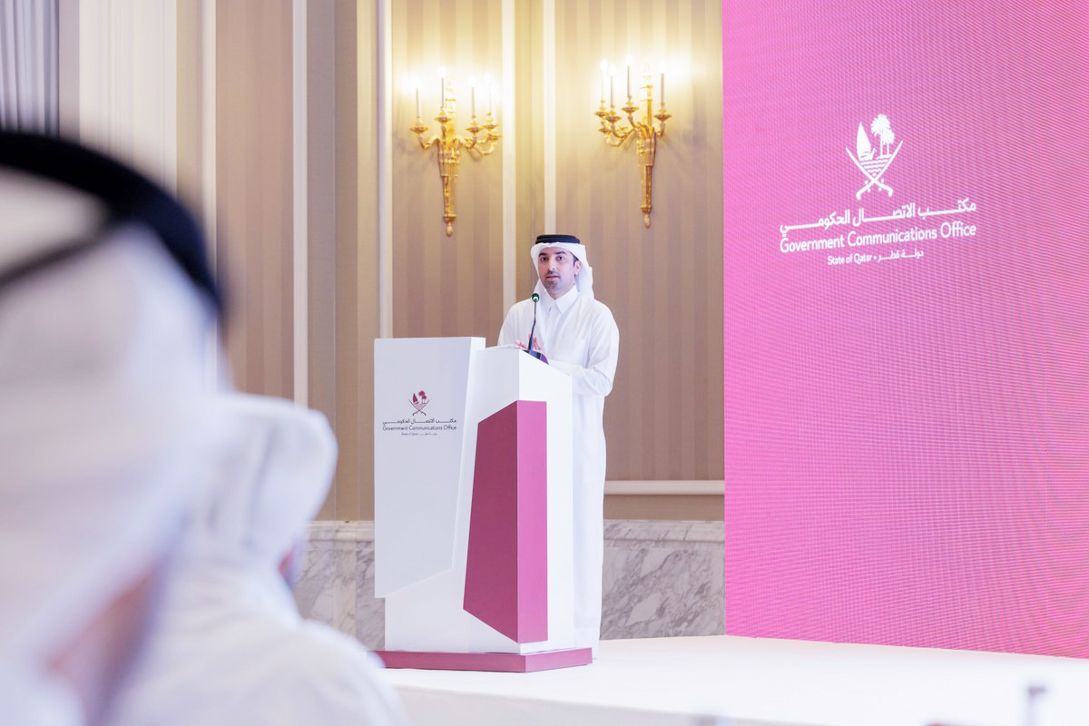 Director of the Government Communications Office (GCO) H E Sheikh Jassim bin Mansour bin Jabor Al Thani speaks during the first semi-annual joint newsroom meeting, yesterday.