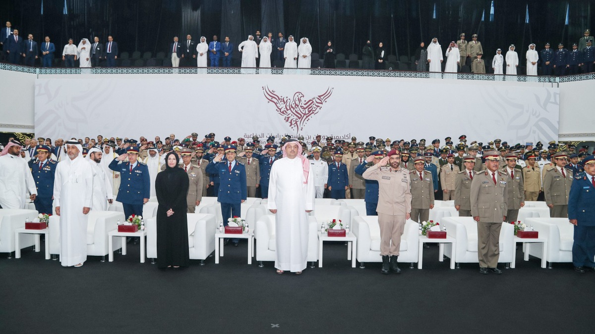 Deputy Prime Minister and Minister of State for Defence Affairs H E Dr. Khalid bin Mohammed Al Attiyah; Minister of Education and Higher Education H E Buthaina bint Ali Al Jabr Al Nuaimi; Minister of State for Interior Affairs H E Sheikh Abdulaziz bin Faisal Al Thani and Commander of the Amiri Guard H E Lieutenant General Hazza bin Khalil Al Shahwani during the graduation ceremony.