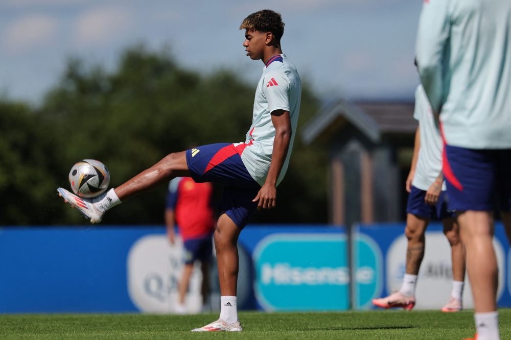 Spain's forward Lamine Yamal attends a training session at the team's base camp in Donaueschingen, on July 8, 2024. (Photo by Lluis Gene / AFP)