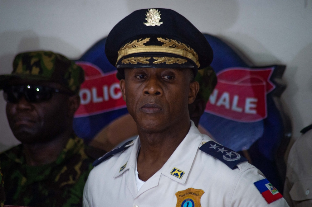 Director General of the Haitian Police Normil Rameau speaks during a press conference at the General Directorate of the Haitian Police (DGPNH) to announce that the Kenyan police forces will collaborate with the Haitian police to fight against armed gangs, in Port au Prince, Haiti, on July 8, 2024. (Photo by Clarens SIFFROY / AFP)
