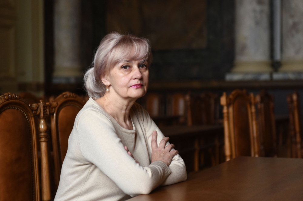 (Files) Professor and former lawmaker Iryna Farion, who gives online Ukrainian language classes, poses in the western Ukrainian city of Lviv on April 5, 2022. (Photo by Yuriy Dyachyshyn / AFP)