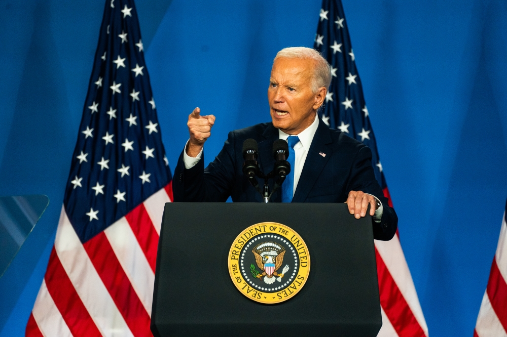 File: President Biden speaks at a news conference during NATO's 75th-anniversary summit in Washington on July 11. (Photo by Demetrius Freeman/The Washington Post)
