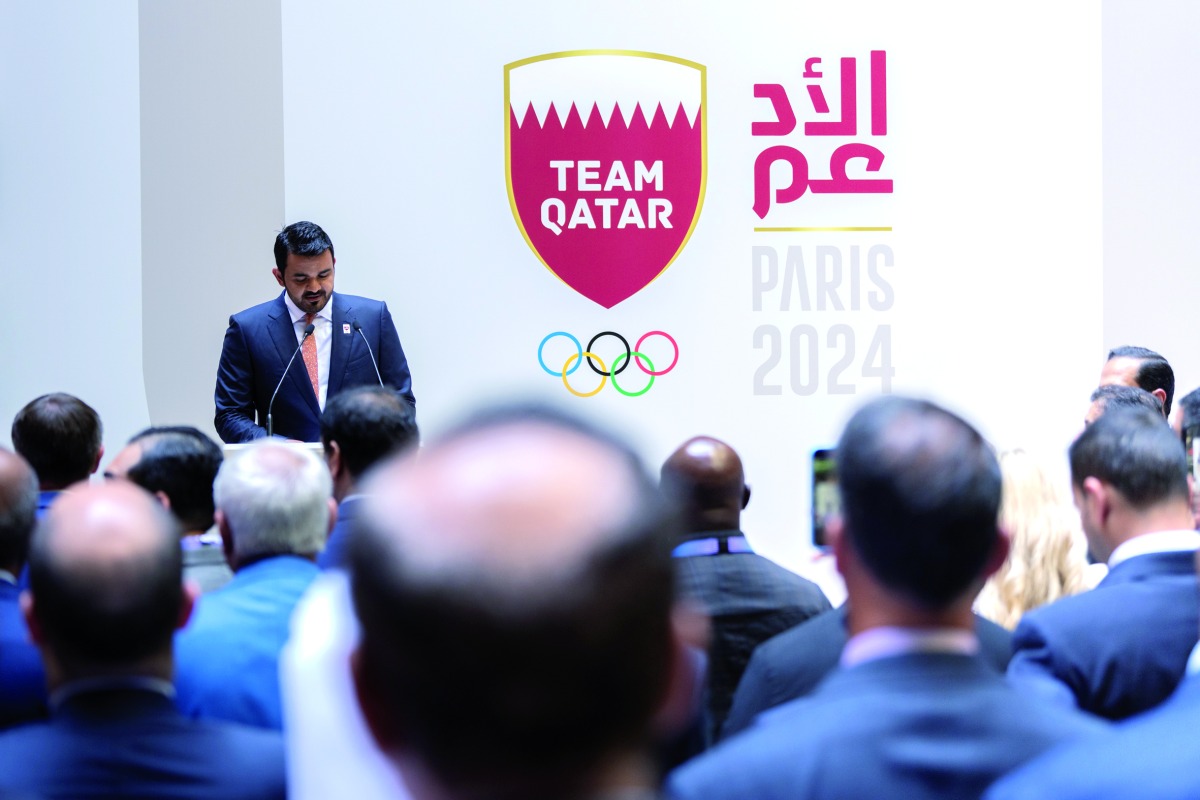 QOC President H E Sheikh Joaan bin Hamad Al Thani speaks during the reception.