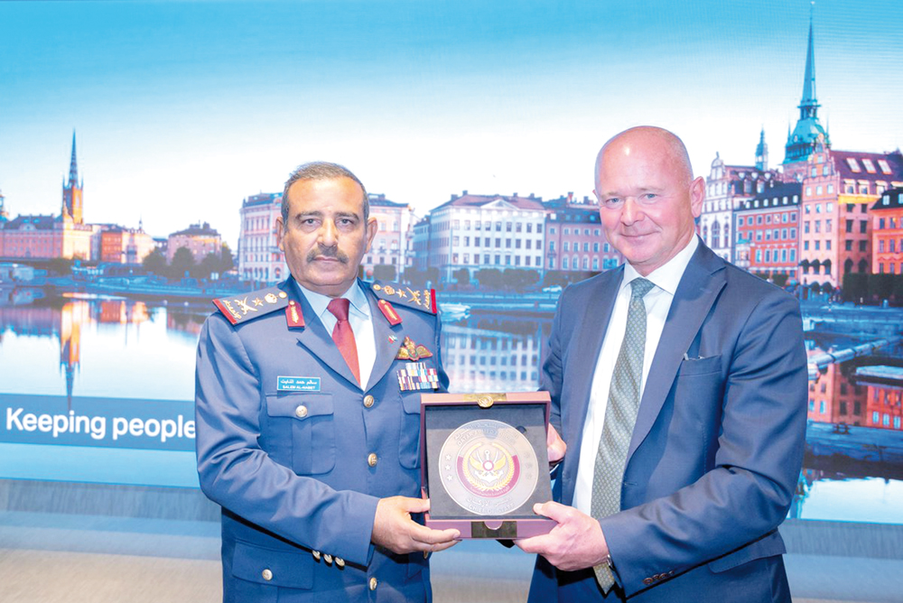 Chief of Staff of the Armed Forces H E Lieutenant General (Pilot) Salem bin Hamad bin Aqeel Al Nabet with CEO and President of Saab H E Micael Johansson during his visit to the company.
