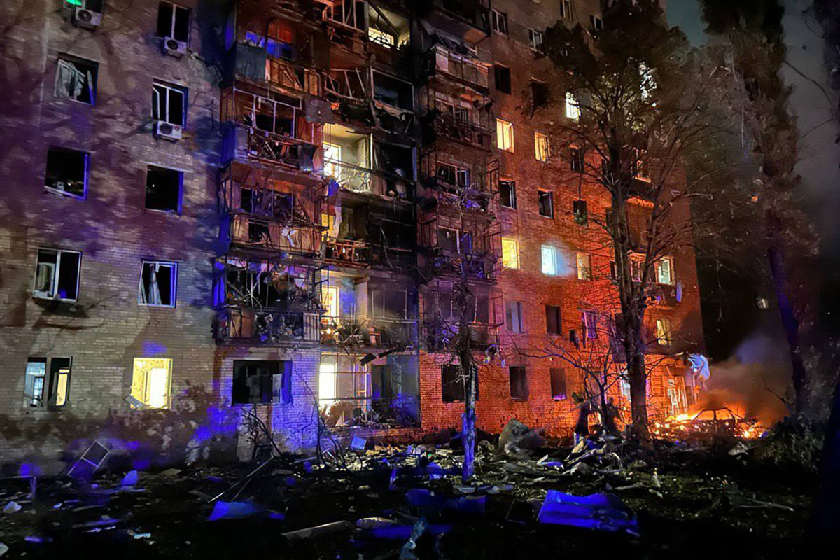 This photograph released on August 11, 2024 on the official Telegram account of Kursk Mayor Igor Kutsak shows a fire in a residential building following a missile attack in Kursk, Russia. Photo by Handout / TELEGRAM / @glavaigorkutsak / AFP.