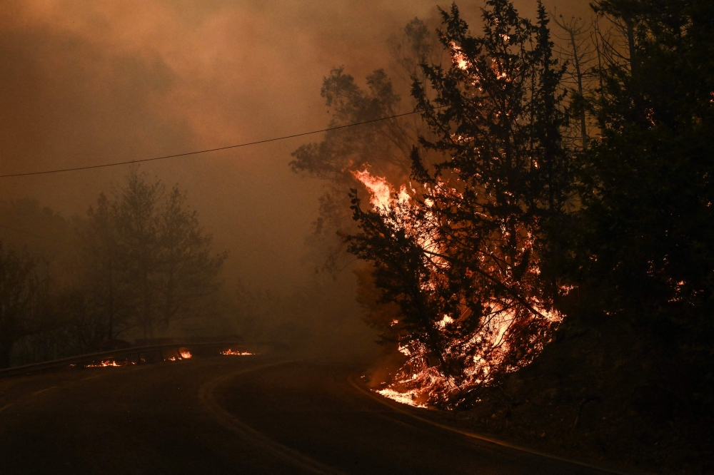 A wildfire burns vegetation along a road during a wildfire in Varnavas, north of Athens, on August 11, 2024. Greece was battling several wildfires on August 11, with smoke covering parts of the capital Athens in a haze, amid warnings for extreme weather conditions for the rest of the week. (Photo by Angelos TZORTZINIS / AFP)
