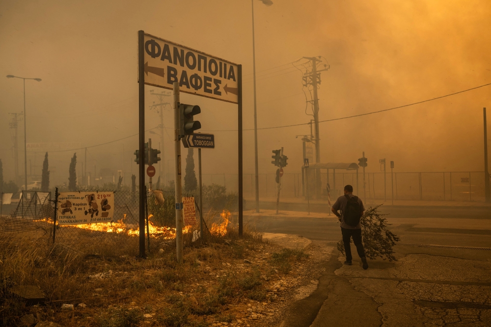 A local resident walks towards fire with a branch to use it to dominate the flames during a wildfire near Penteli, 12 August 2024. (Photo by Angelos TZORTZINIS / AFP)
