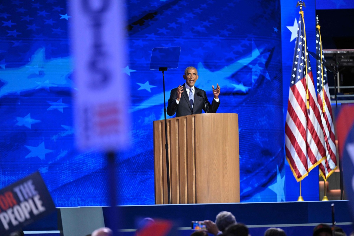 Former US President Barack Obama speaks on the second day of the Democratic National Convention (DNC) at the United Center in Chicago, Illinois, on August 20, 2024 (Photo by Robyn Beck / AFP)
