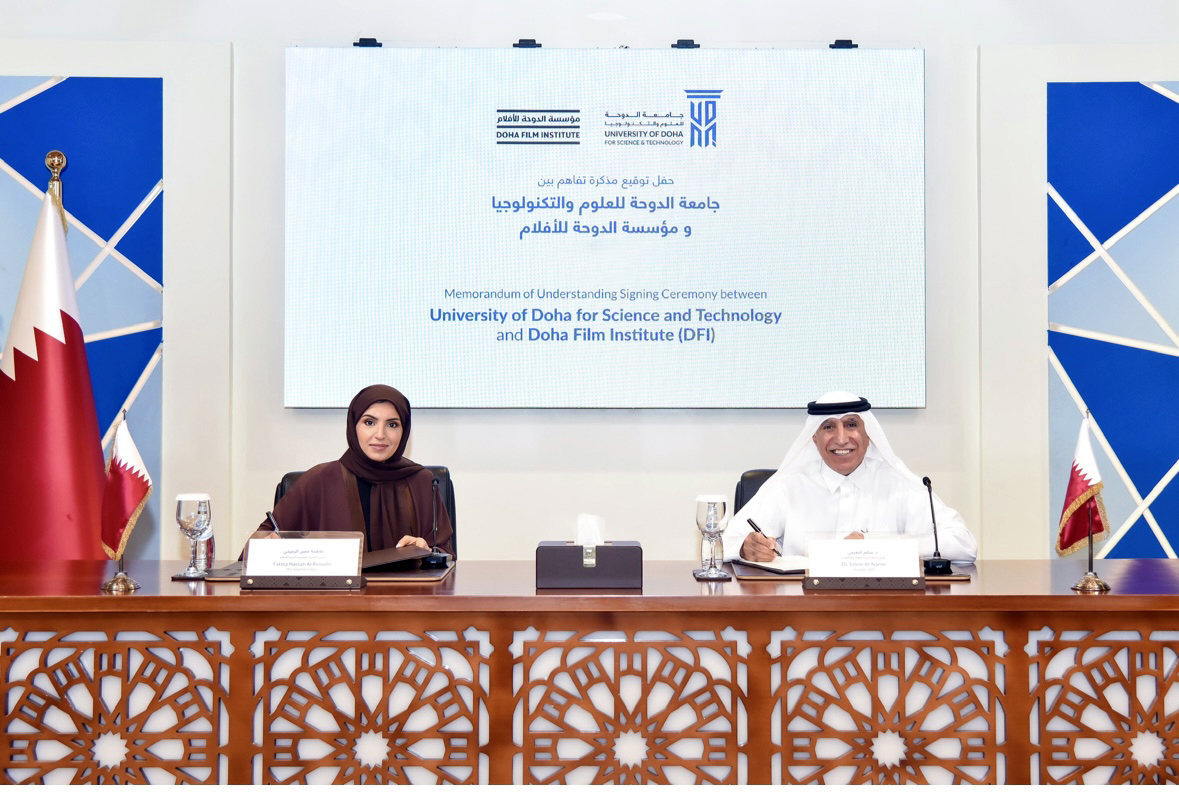 President of UDST Dr. Salem Al Naemi (right) and CEO of DFI Fatma Hassan Al Remaihi during the agreement sighing ceremony.