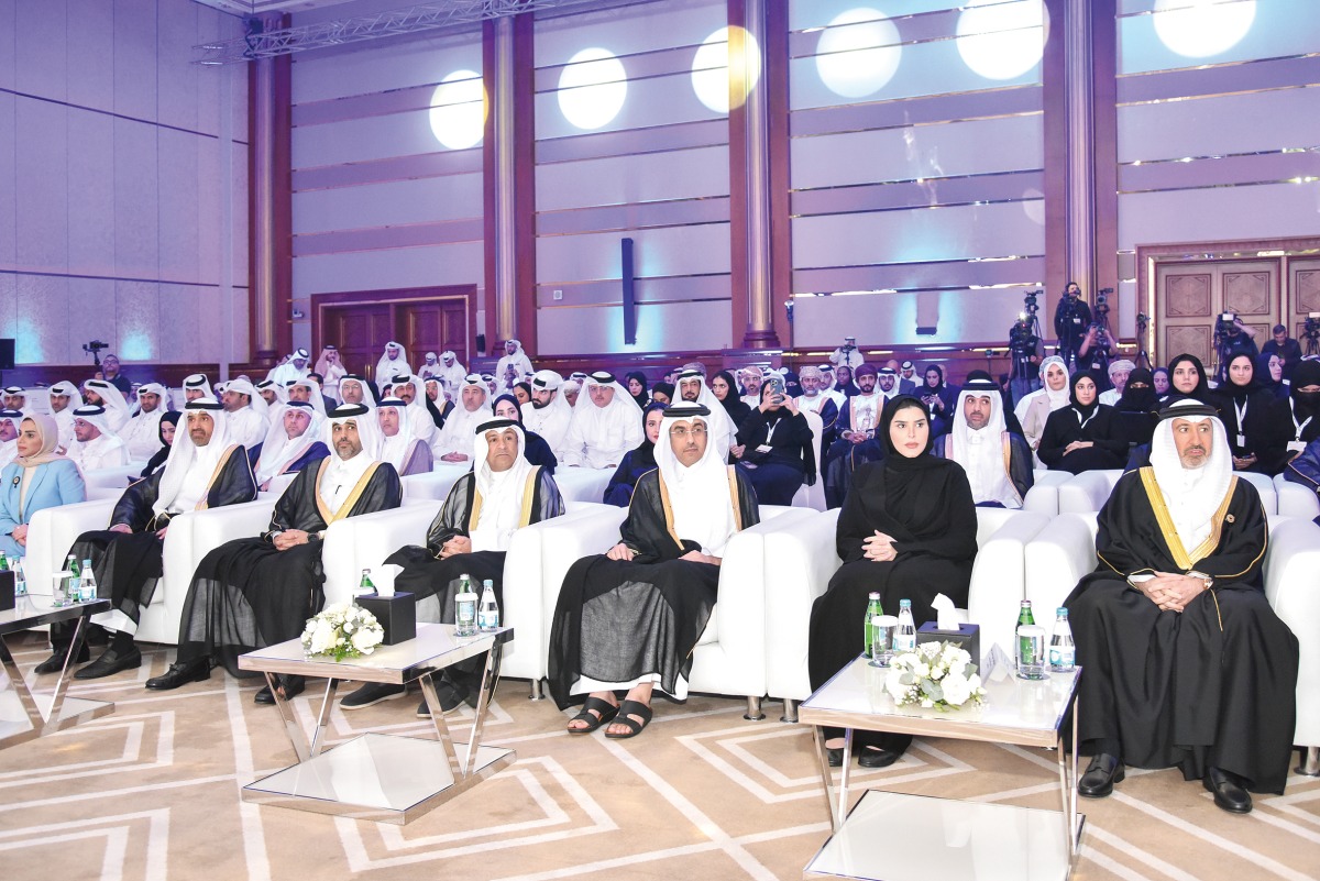 Minister of Labour H E Dr. Ali bin Smaikh Al Marri (third right) with Minister of Social Development and Family H E Maryam bint Ali bin Nasser Al Misnad (second right), Secretary General of the GCC H E Jasem Mohamed Al Budaiwi (fourth right) and other dignitaries from Qatar and GCC countries at the award ceremony in Doha.