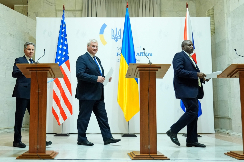 US Secretary of State Antony Blinken, Ukraine's Foreign Minister Andrii Sybiha and Britain's Foreign Secretary David Lammy arrive to address a press conference after a meeting with Ukraine's president in Kyiv, on September 11, 2024. (Photo by Mark Schiefelbein / POOL / AFP)