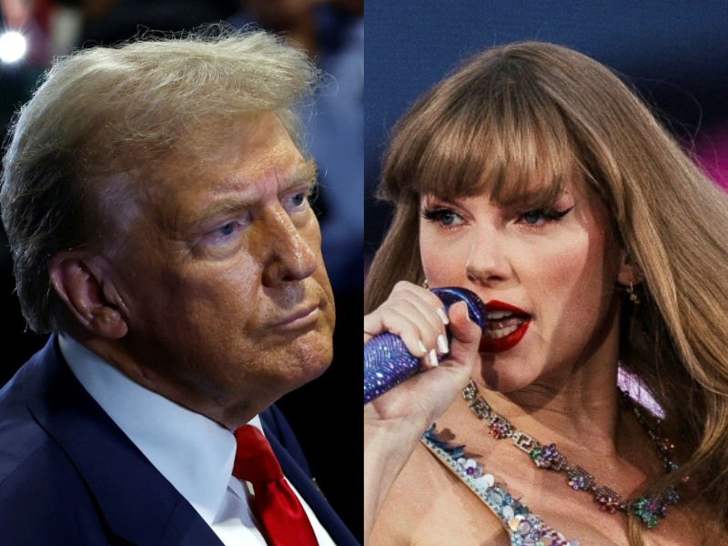 This combination of pictures created on September 15, 2024 shows US Republican presidential nominee, former US President Donald Trump speaking to reporters in the spin room after debating Democratic presidential nominee, US Vice President Kamala Harris, at Pennsylvania Convention Center on September 10, 2024 in Philadelphia, Pennsylvania, while US singer and songwriter Taylor Swift performs on stage as part of her Eras Tour in Lisbon on May 24, 2024. (Photo by Kevin Dietsch and Andre Dias Nobre / various sources / AFP)