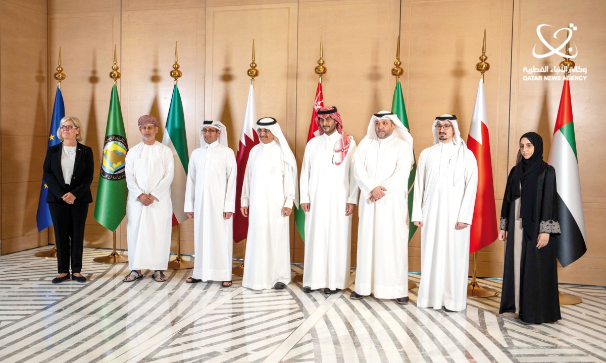 Assistant Undersecretary for Economic Affairs at the Ministry of Finance H E Saud bin Abdullah Al Attiyah (third left); GCC Assistant Secretary General for Political Affairs and Negotiations H E Dr. Abdulaziz Aluwaisheg (fourth left); Director of International Economic, Financial Relations and Global Governance (ECFIN) Annika Eriksgaard (first left); and others at the event in Doha yesterday.
