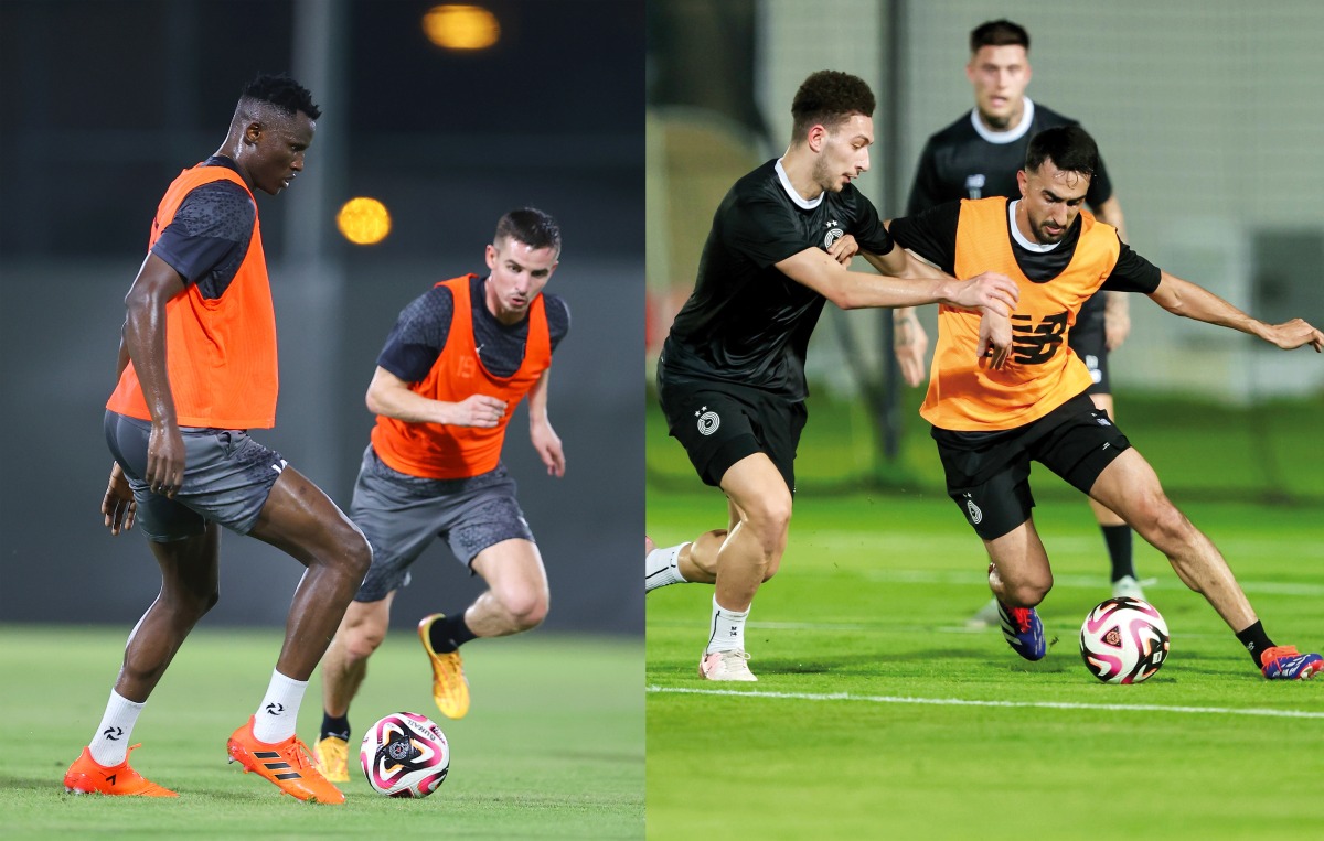 LEFT: Al Duhail's Michael Olunga (left) in action with a teammate during a training session. ABOVE: Al Sadd players during team's practice.