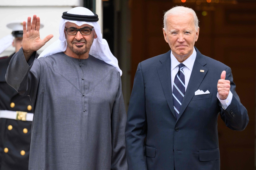 US President Joe Biden and UAE President HH Sheikh Mohamed bin Zayed Al Nahyan at the South Portico of the White House in Washington, DC, on September 23, 2024. (Photo by Mandel Ngan / AFP)