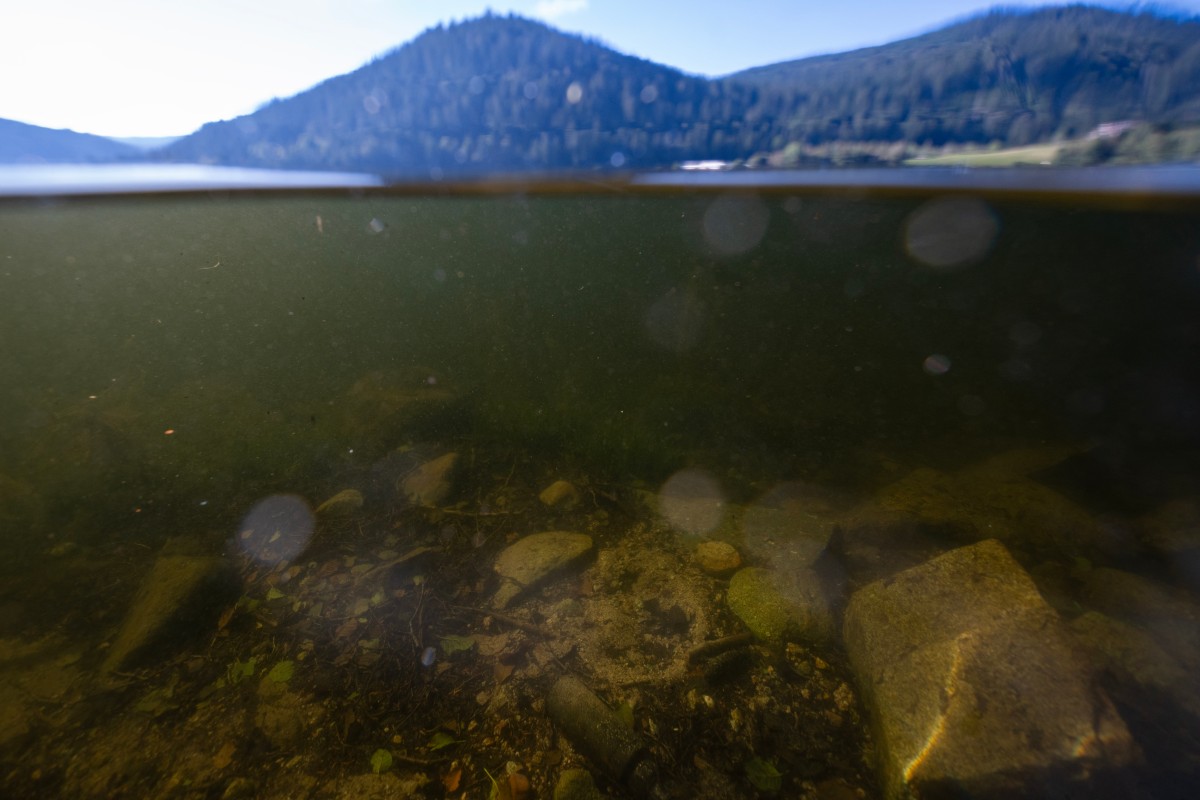 An iron cylinder lays on the bottom of Lake of Gerardmer in Gerardmer on September 20, 2024. Photo by Olivier MORIN / AFP.
