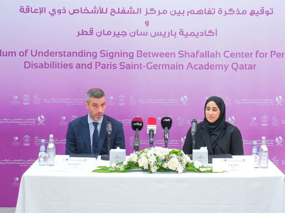 General Manager of the PSG Regional Office in the Middle East and India Fabien Dilem and Executive Director of Shafallah Center Maryam Saif Al Sowaidi during the agreement signing ceremony.