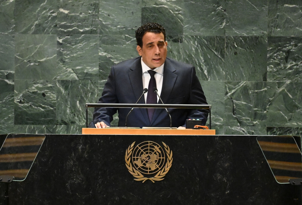 President of the Libyan Presidential Council Mohamed Younis Menfi speaks during the 79th Session of the United Nations General Assembly at the United Nations headquarters in New York City on September 25, 2024. (Photo by Timothy A. Clary / AFP)