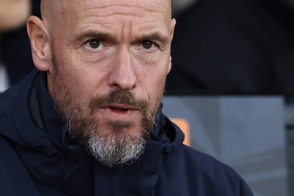 Manchester United's Dutch manager Erik ten Hag looks on ahead of the UEFA Europa league stage football match between Manchester United and FC Twente at Old Trafford stadium in Manchester, north west England, on September 25, 2024. (Photo by Darren Staples / AFP)