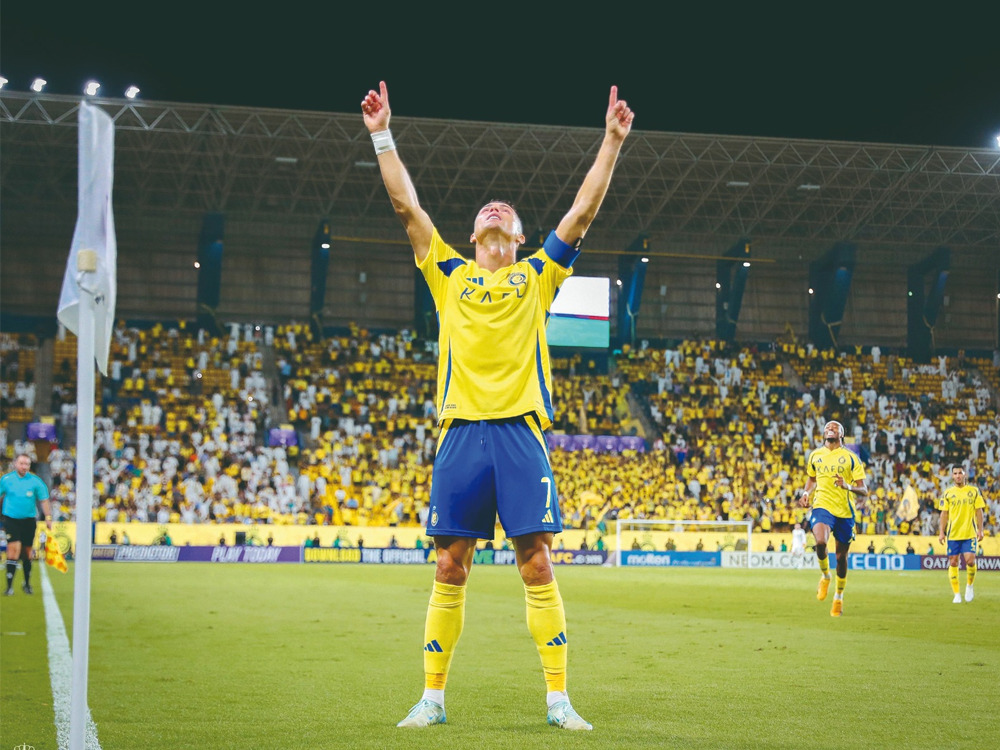 Al Nassr's Cristiano Ronaldo celebrates after scoring a goal against Al Rayyan. PIC: Al Nassr