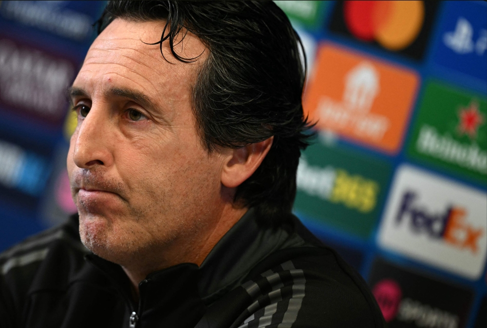 Aston Villa's Spanish head coach Unai Emery reacts during a press conference on the eve of their UEFA Champions League 1st round day 2 football match against Bayern Munich, at Bodymoor Heath Training Ground in Warwickshire, central England, on October 1, 2024. (Photo by Oli SCARFF / AFP)