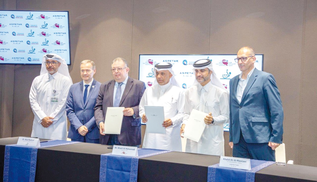 Aspetar, QTTF and ITTF officials during the agreement signing ceremony.