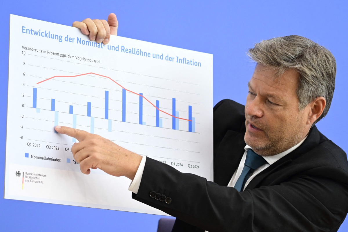 German Minister of Economics and Climate Protection Robert Habeck uses a visual during a press conference on the government's updated growth forecast, in Berlin on October 9, 2024. (Photo by John MACDOUGALL / AFP)
