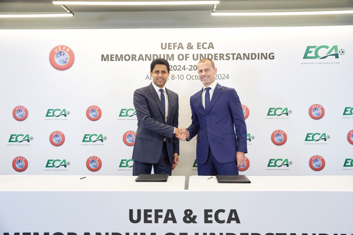 ECA Chairman Nasser Al Khelaifi and UEFA President Aleksander Ceferin during the signing ceremony. 