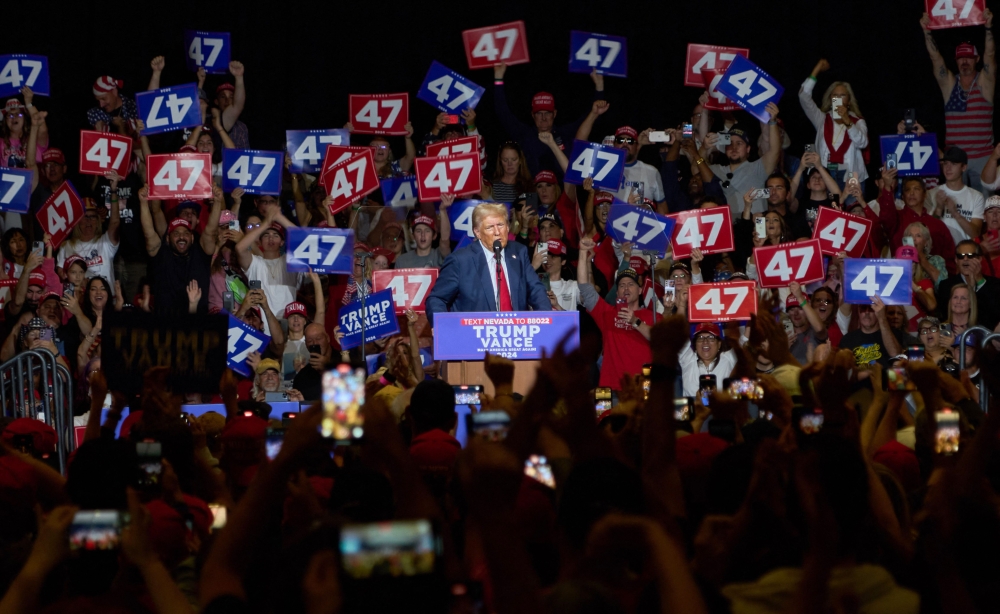 Former US President and Republican presidential candidate Donald Trump speaks during a campaign rally at Grand Sierra Resort in Reno, Nevada on October 11, 2024. (Photo by Alejandra Rubio / AFP)