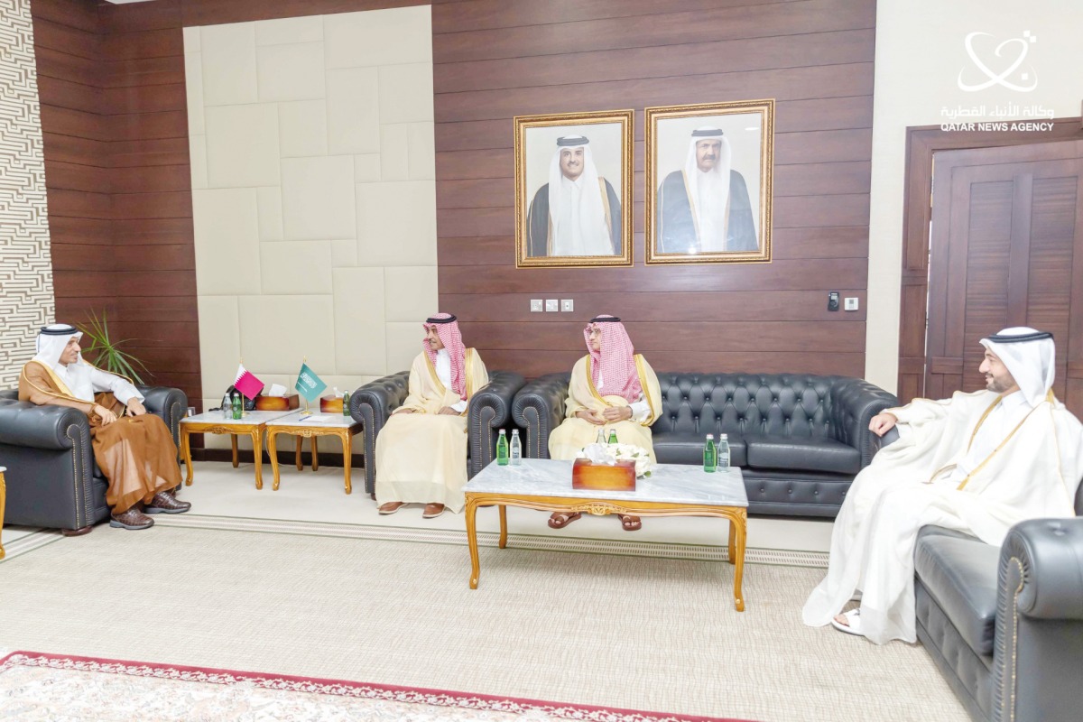 QMC Chairman H E Sheikh Hamad bin Thamer Al Thani with Saudi Arabia's Minister of Media H E Salman bin Yousef Al Dosari and QMC CEO H E Sheikh Abdulaziz bin Thani Al Thani (right) during their meeting in Doha, yesterday.
