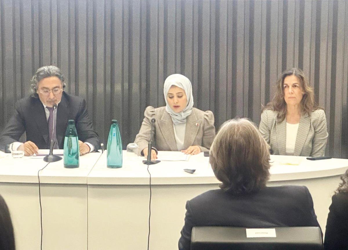 Deputy Permanent Representative of the Permanent Delegation of Qatar in Geneva Jawhara bint Abdulaziz Al Suwaidi (centre), President of ICSS Mohammed Al Hanzab (left) and Aziyade Poltier from the Director General’s office at the United Nations Office in Geneva during the event.