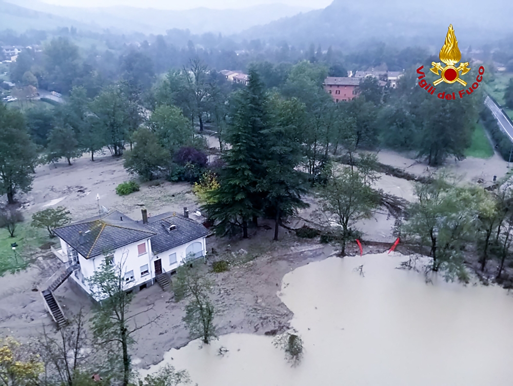 This handout photograph taken and released by the Vigili del Fuoco, the Italian Corps of Firefighters, on October 20, 2024, shows an aerial view of the flooded area near the city of Bologna. Photo by Handout / Vigili del Fuoco / AFP