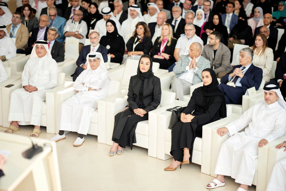 Chairperson of Qatar Foundation H H Sheikha Moza bint Nasser attending the opening of the Arab Global Scholars Annual Gathering along with their excellencies and other senior officials. 
