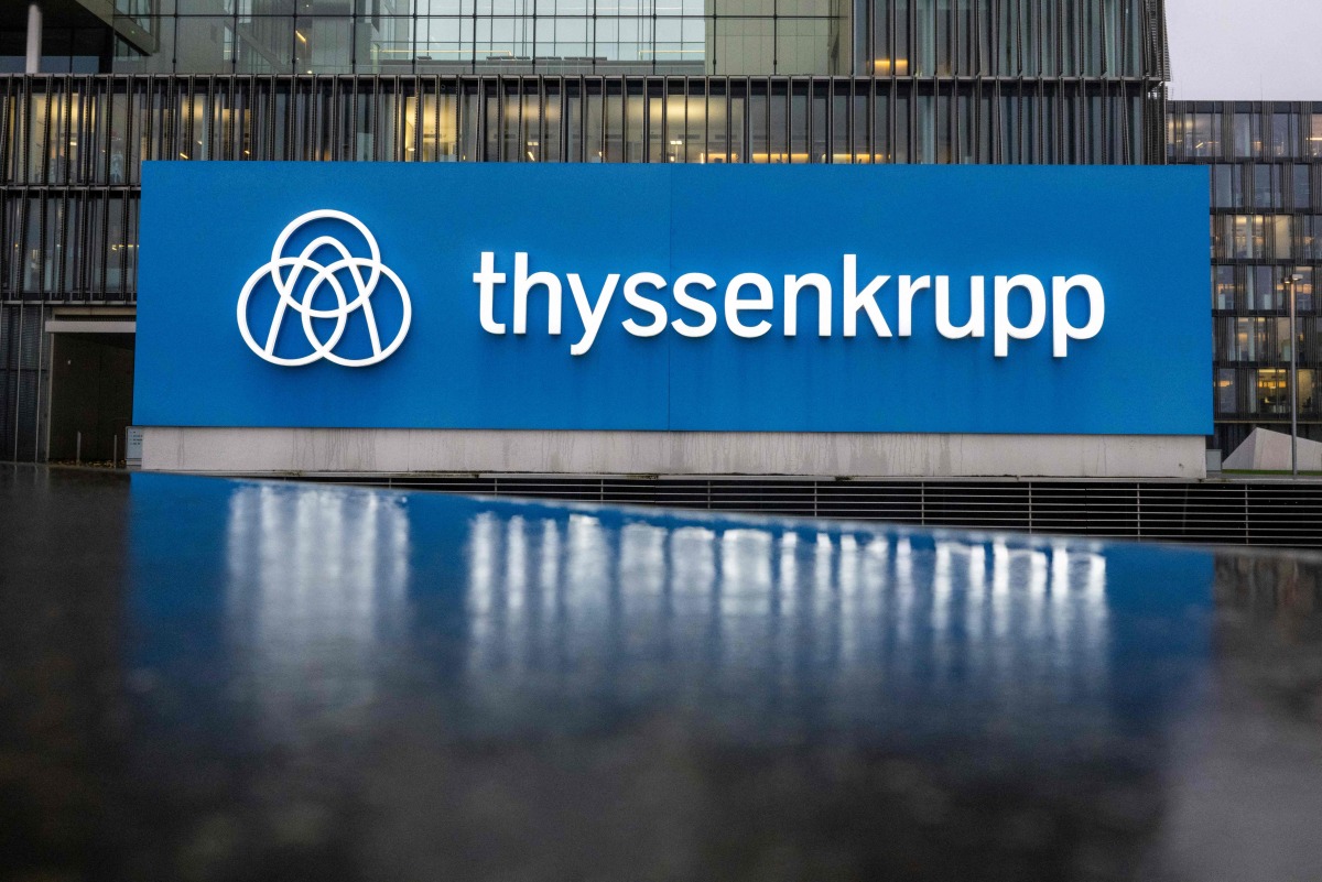 A photo shows the logo of German industrial giant Thyssenkrupp before their annual news conference at their headquarters in Essen, western Germany on November 19, 2024. (Photo by Ina FASSBENDER / AFP)
