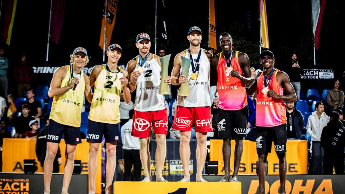 Beach Pro Tour Finals 2024 Doha champions Anders Mol and Christian Sorum, runners up David Ahman and Jonatan Hellvig of Sweden (left) and bronze winners Cherif Younousse and Ahmed Tijan (right) of Qatar celebrate on the podium. RIGHT: Kristen Nuss and Taryn Kloth won the women’s title.
