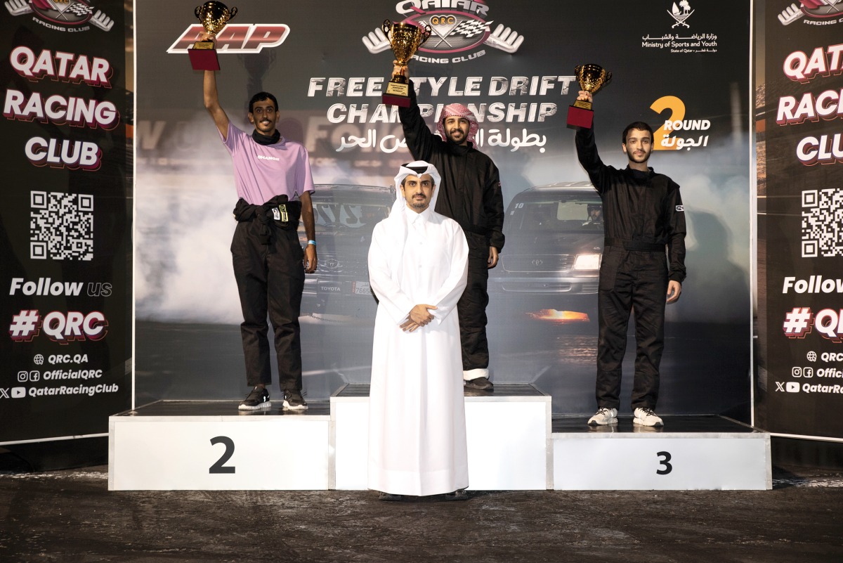 QRC Director Sheikh Jabor bin Khalid Al Thani crowned the podium winners in the second round of the Freestyle Drift Championship.