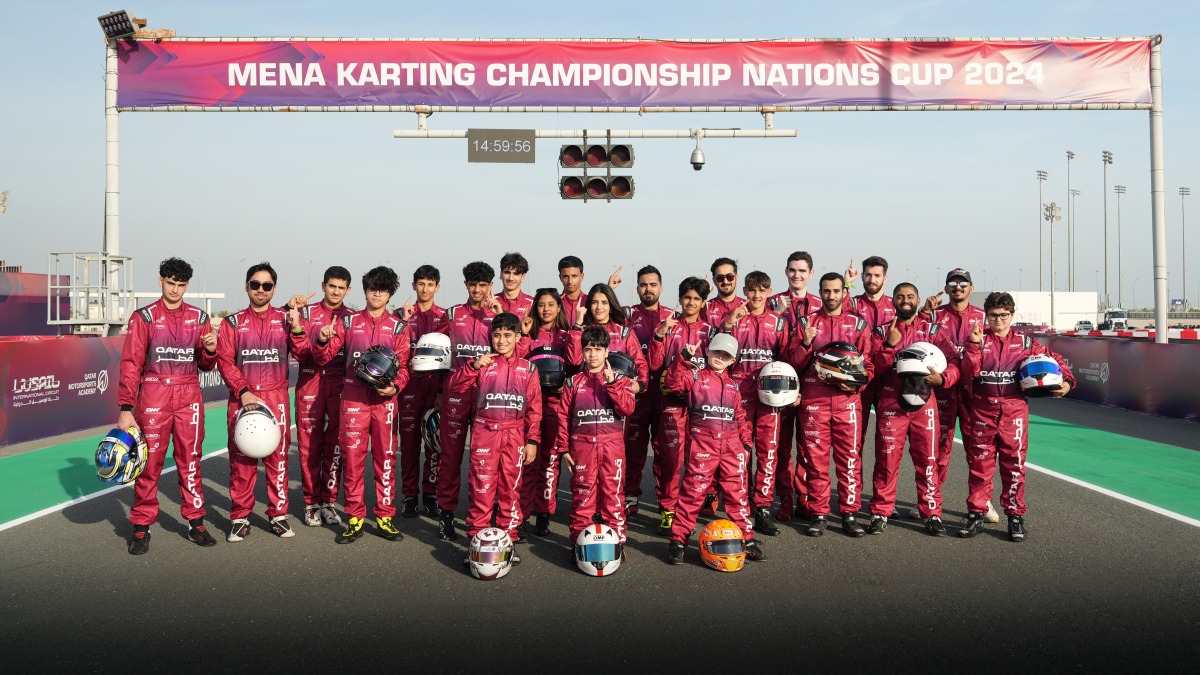 Qatar drivers who take part in the MENA Karting Championship Nations Cup pose for a photograph.