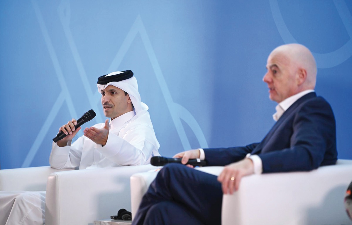 President of Qatar Football Association and QSL Jassim bin Rashid Al Buenain, sitting alongside FIFA President Gianni Infantino, speaks during the opening session.    
